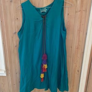 Judith March beautiful dress with suede tie in front and colorful PomPoms, Large